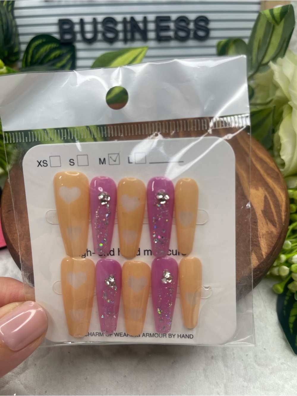 Pink Peach Heart Press On Nails Medium Rhinestone Glitter Kawaii Coquette New.